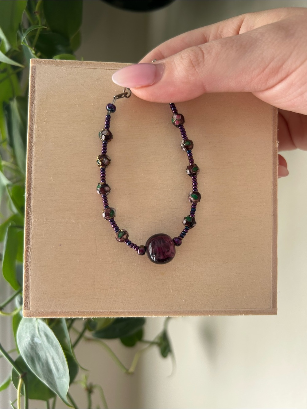 Handmade Purple Glass Bead Bracelet (9”)